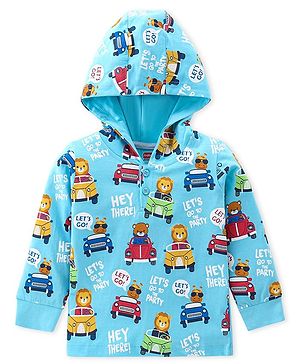 Babyhug 100% Cotton Full Sleeves Hooded T-Shirt Animal Print - Blue