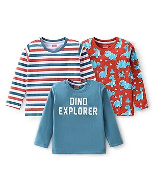 Babyhug Cotton Knit Full Sleeves Striped & Dino Printed T-Shirts Pack of 3 - Multicolour