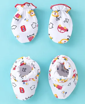 Child World Cotton Knit Interlock Traffic Printed Mittens & Booties Set - Red & White