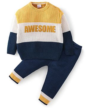 Babyhug Full Sleeves Baby Sweater Set - Yellow & Navy Blue