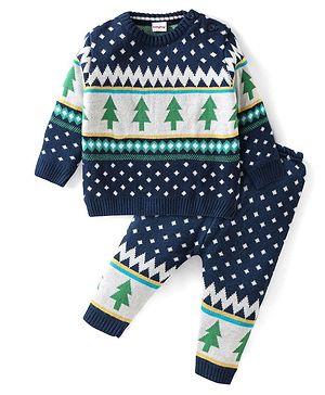 Babyhug Knitted Full Sleeves Baby Sweater Set Pine Tree Design - Navy Blue