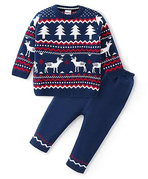 Babyhug Full Sleeves Baby Sweater Set with Reindeer Design - Navy Blue