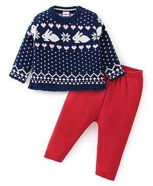 Babyhug Knitted Full Sleeves Sweater Set with Bunny Design - Navy Blue