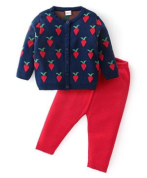 Babyhug Full Sleeves Baby Sweater Set with Strawberry Design - Navy Blue & Red