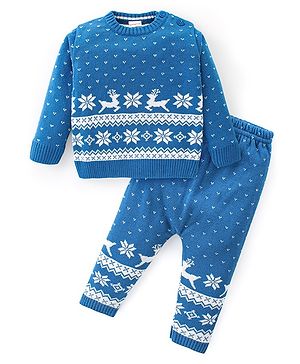 Babyhug Full Sleeves Sweater Set Reindeer Design - Blue