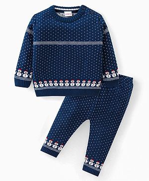 Babyhug Knitted Full Sleeves Sweater Set with Snowman Design - Navy Blue