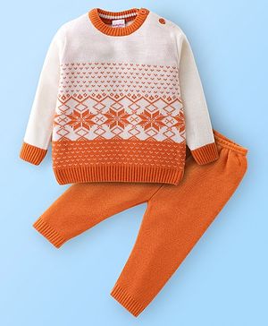 Babyhug Knitted Full Sleeves Sweater Set Floral Design - White & Orange
