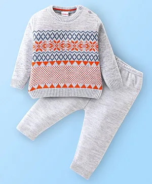 Babyhug Knitted Full Sleeves Sweater Set Floral Design - White & Orange