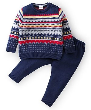 Babyhug Knitted Full Sleeves Sweater Set Ikat Design - Navy Blue Babyhug Knitted Full Sleeves Sweater Set Ikat Design - Navy Blue