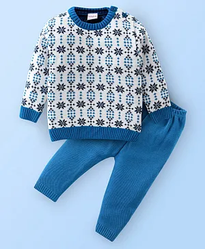 Babyhug Knitted Full Sleeves Sweater Set Star Design - White & Blue