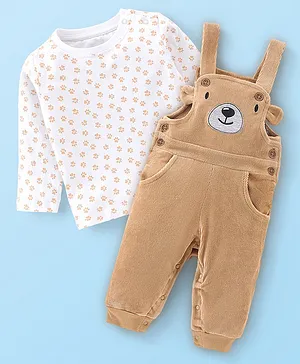 Babyhug Cotton Woven Dungarees & Full Sleeves Tee Set with Bear Patch - White & Brown
