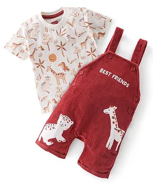 Babyhug 100% Cotton Giraffe Applique Dungaree With Half Sleeves Giraffe Printed Inner Tee With Shoulder-Snap Button - White & Brown