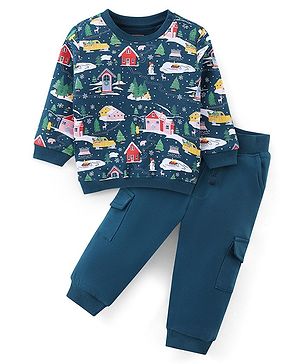 Babyhug 100% Cotton Knit Full Sleeves T-Shirt & Jogger Set With Christmas Theme - Blue