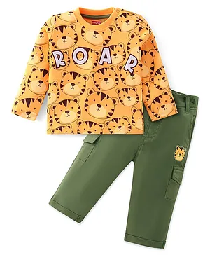 Babyhug Cotton Full Sleeves T-Shirt & Lounge Pant Tiger Printed - Yellow & Green