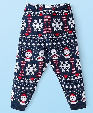 Babyhug Full length Fleece and Woollen Pants with Snowflakes Printed - Navy Blue
