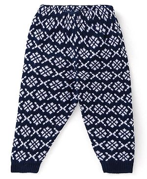 Babyhug Knit Full Length Fleece and Woollen Pant Chevron Print - Navy Blue
