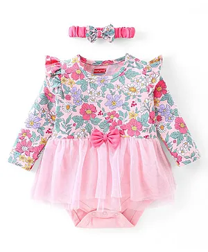Babyhug 100% Cotton Full Sleeves Frock Style Onesie With Headband Floral Print - Pink
