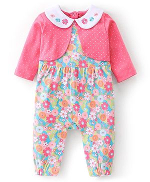 Babyhug 100% Cotton Knit Full Sleeves Romper with Floral Print - Pink