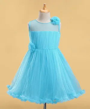 The KidShop Sleeveless Flower Applique Embellished & Ruffle Detailed Fit & Flare Dress - Aqua Blue