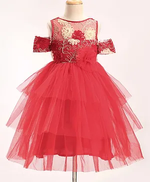 The KidShop Cold Shoulder Half Sleeves Floral Bodice Embelliished Fit & Flare Dress - Red