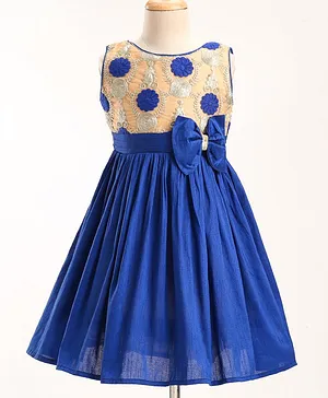 The KidShop Sleeveless Floral Embroidered & Lace Embellished Fit & Flare Dress - Royal Blue