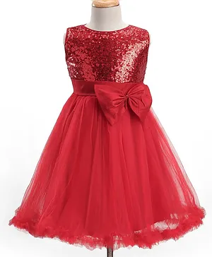 The KidShop Sleeveless Shimmer Bodice & Bow Embellished Fit & Flare Ruffle Detailed Dress - Red