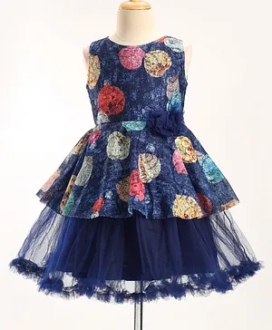 The KidShop Sleeveless Abstract Circular Designed Fit & Flare Layered Dress - Navy Blue