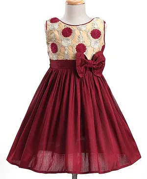 The KidShop Sleeveless Floral Embroidered & Lace Embellished Fit & Flare Dress - Maroon