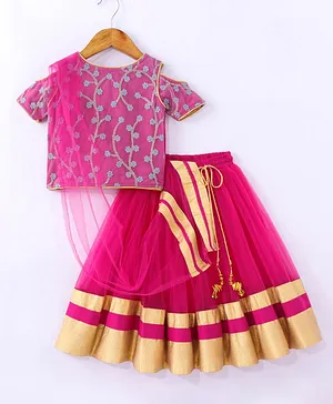 The KidShop Cold Shoulder Flower Embroidered Choli With Lace Embellished Lehenga  With Dupatta  - Grey & Fuchsia Pink