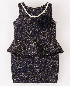 The KidShop Sleeveless Pearl Detailed Neckline Floral Applique Peplum Styled Shimmer Party Dress - Navy Blue
