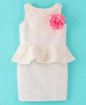 The KidShop Sleeveless Pearl Detailed Neckline Floral Applique Peplum Styled Shimmer Party Dress - Off White