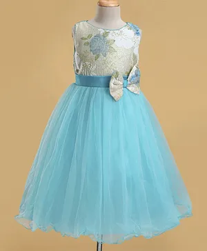The KidShop Sleeveless Roses Woven Design Embellshed Fit & Flare Bow Detailed Dress - Aqua Blue
