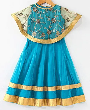 The KidShop Half Cape Sleeves Shimmer Floral Designed & Sequin Embellished A Line Dress - Blue