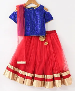 The KidShop Half Sleeves Floral Embroidered Choli With Lehenga & Dupatta - Red & Blue