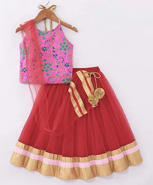 The KidShop Sleeveless Floral Embroidered & Mirror Work Embellished Choli With Shimmer Lehenga & Dupatta - Pink