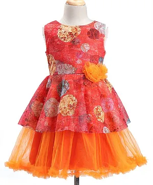 The KidShop Sleeveless All Over Abstarct Designed Fit & Flare Ruffle Layered Dress - Orange