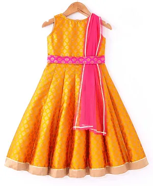 The KidShop Sleeveless Ethnic Motif Foil Printed Box Pleated Fit & Flare Gown With Dupatta - Orange
