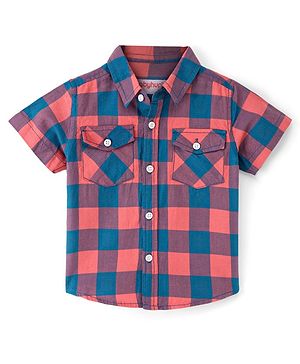 Babyhug 100% Cotton Woven Half Sleeves Checkered Shirt - Orange