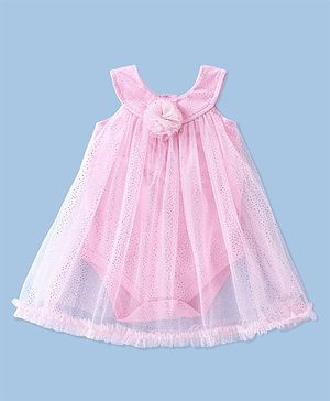 Babyhug Cotton Knit Sleeveless Glittery Frock Style Party Onesie - Pink