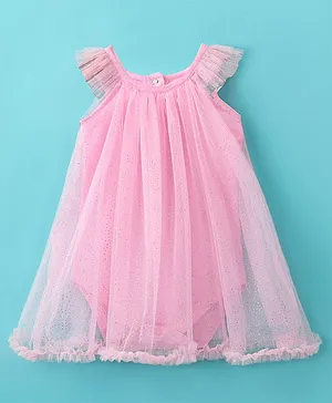 Babyhug Cotton Knit Sleeveless Glittery Frock Style Party Onesie - Pink