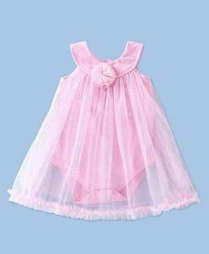 Babyhug Cotton Knit Sleeveless Glittery Frock Style Party Onesie - Pink