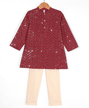 Babyhug Three Full Sequenced Embroidered Kurta With Pyjama Set- Maroon
