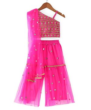 Babyhug Sleeveless Choli & Sharara Set with Dupatta & Sequined Detailing - Fuchsia