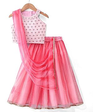 Babyhug Sleeveless Sequenced Embroidered Net Choli Lehenga and Dupatta - Pink & Peach