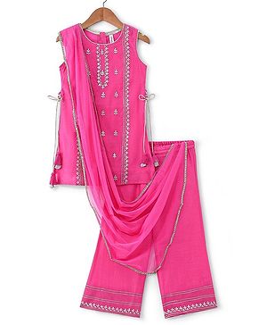Babyhug Sleeveless Embroidered Kurta & Palazo with Dupatta - Pink