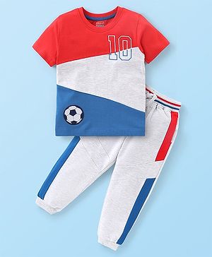 Babyhug 100% Cotton Knit Half Sleeves T-Shirt & Lounge Pant Set With Cut & Sew Pattern - Red Blue & Grey