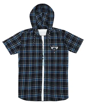 CAVIO Half Sleeves Checked & Hooded Shirt With Abstract Text Art Printed Tee - Royal Blue