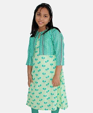 Kiddopanti  Sleeveless Floral And Abstract Striped Printed Kurta With Crop Shrug Set - Green