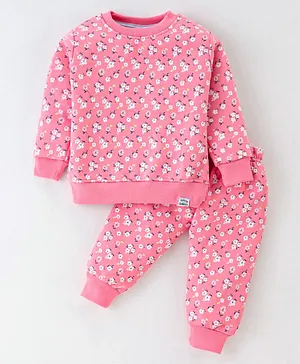 Teddy Fleece Full Sleeves Winterwear Night Suit With Floral Print - Pink
