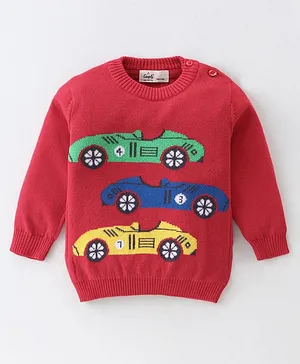 Simply Cotton Knit Full Sleeves Sweater with Car Design - Red